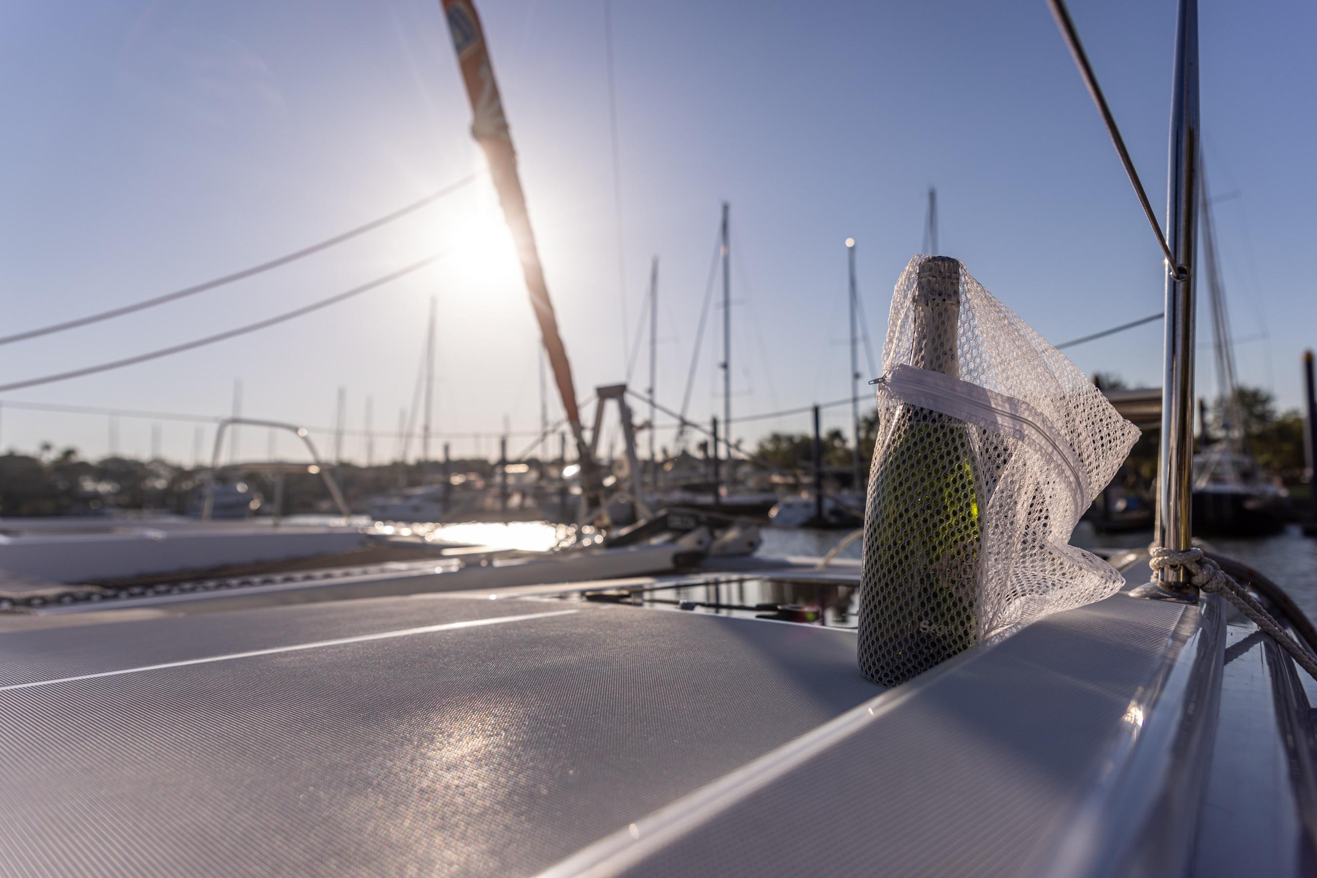 Sparkling wine on deck at sunset
