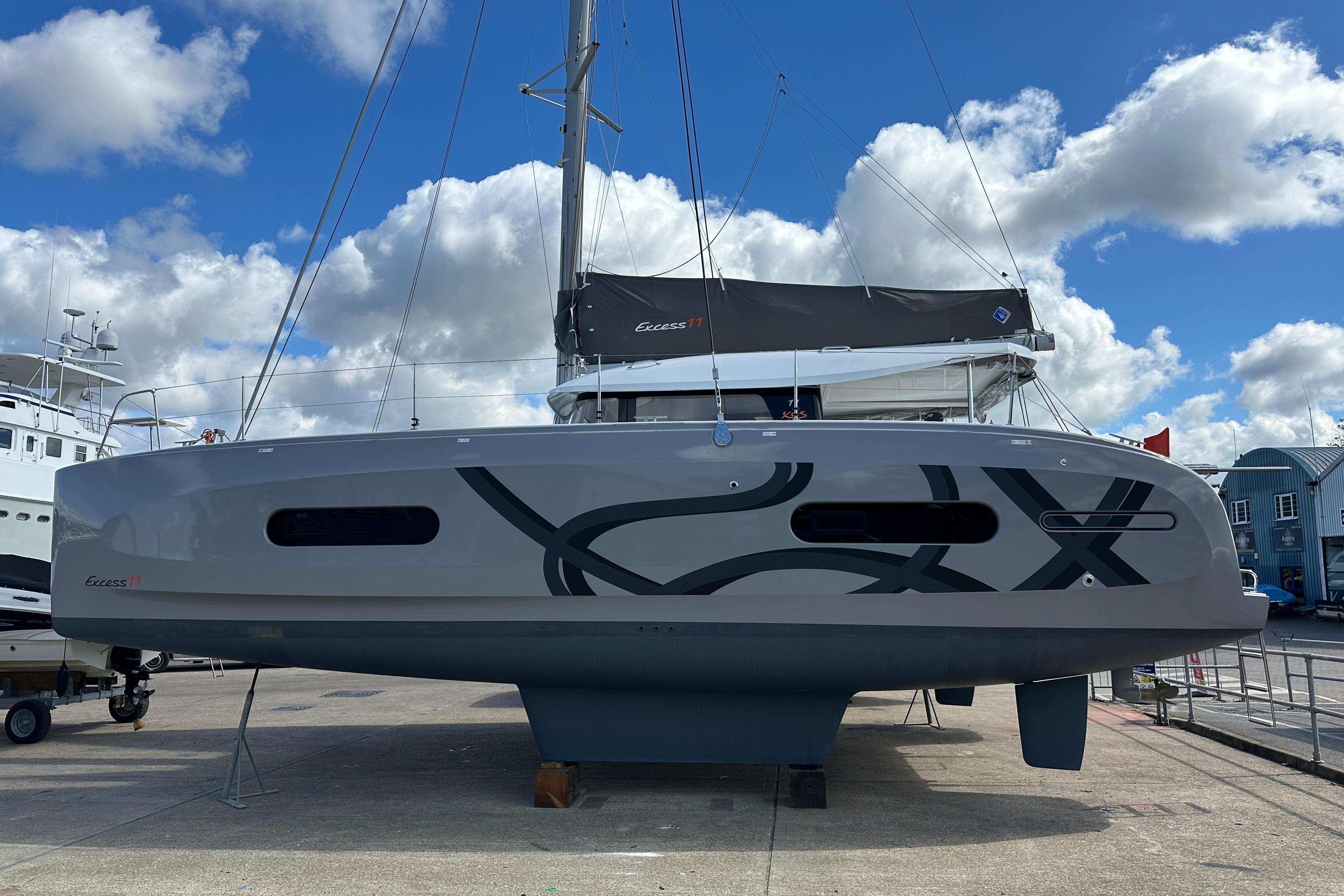 Excess 11 starboard profile in the boatyard